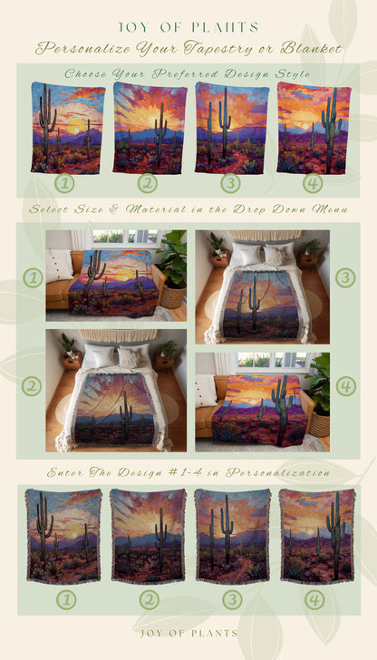 Southwestern Sunset Blanket | Whimsical Home Decor Housewarming Gift Blanket Cactus Aesthetic Blanket Woven Tapestry Southwest Landscape |