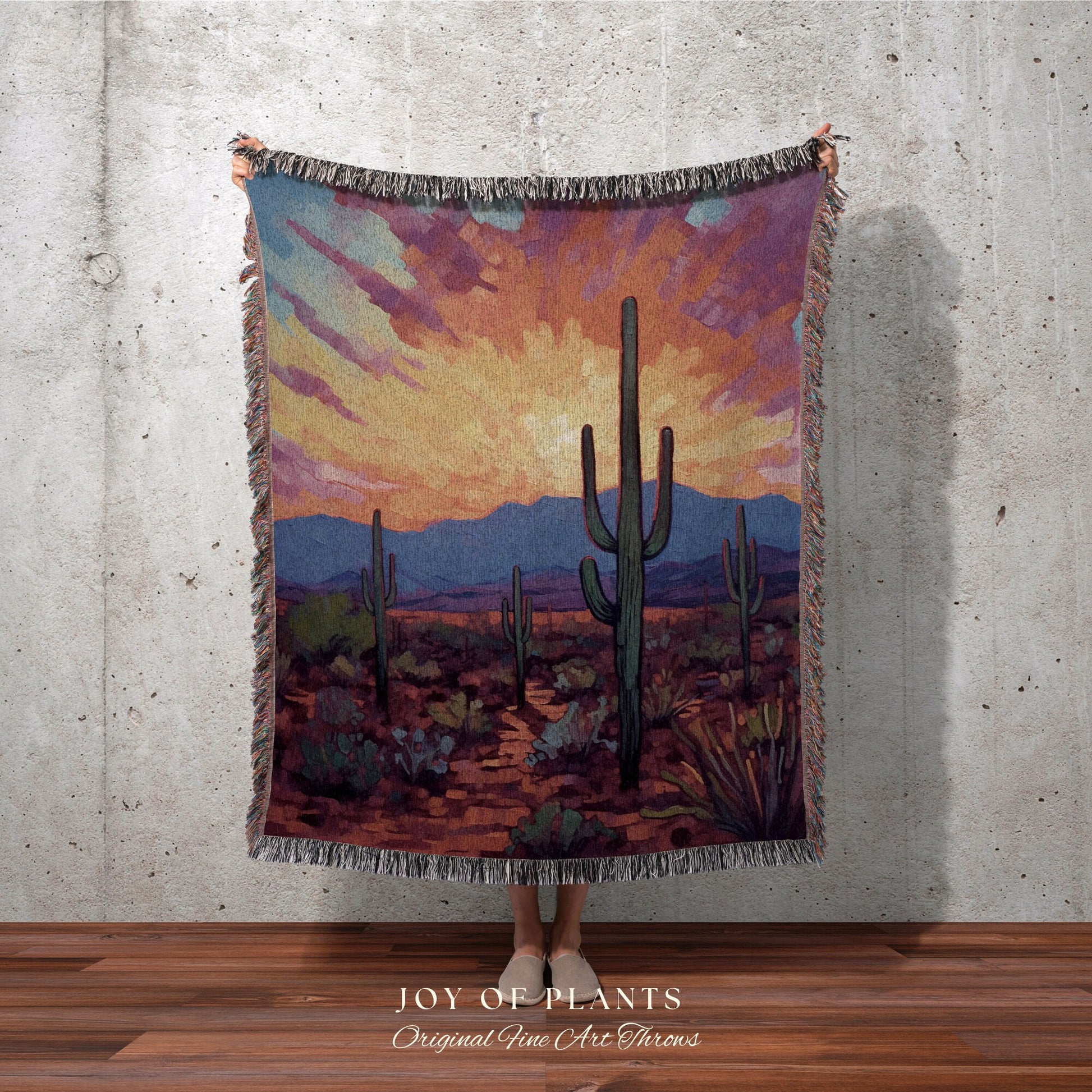 Southwestern Sunset Blanket | Whimsical Home Decor Housewarming Gift Blanket Cactus Aesthetic Blanket Woven Tapestry Southwest Landscape |