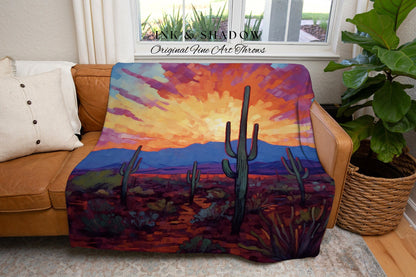 Southwestern Sunset Blanket | Whimsical Home Decor Housewarming Gift Blanket Cactus Aesthetic Blanket Woven Tapestry Southwest Landscape |