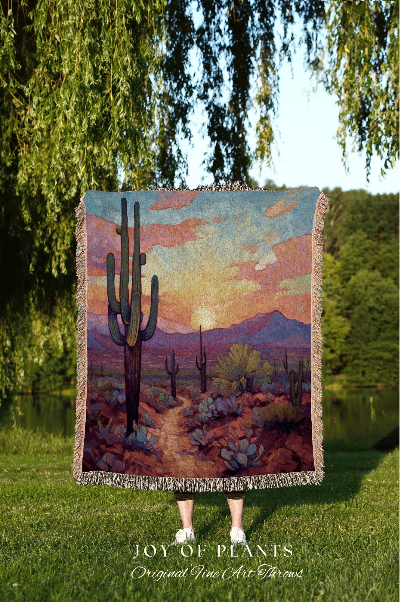 Mystic Landscape Desert Blanket | Whimsical Home Decor Housewarming Gift Blanket Cactus Aesthetic Blanket Woven Tapestry Southwest Landscape