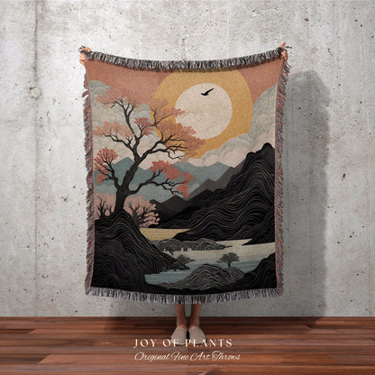 Sunset Mountain Throw Blanket Couch Japanese Aesthetic | Nature Inspired Art Woven Blanket Japanese Landscape Sun Tapestry Plush Blanket |