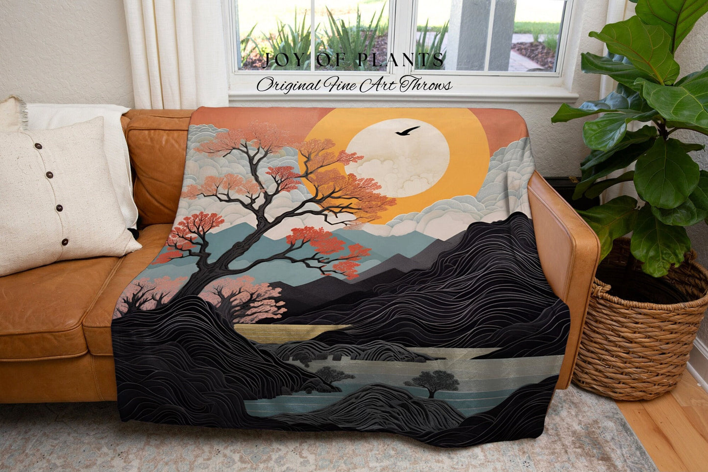 Sunset Mountain Throw Blanket Couch Japanese Aesthetic | Nature Inspired Art Woven Blanket Japanese Landscape Sun Tapestry Plush Blanket |