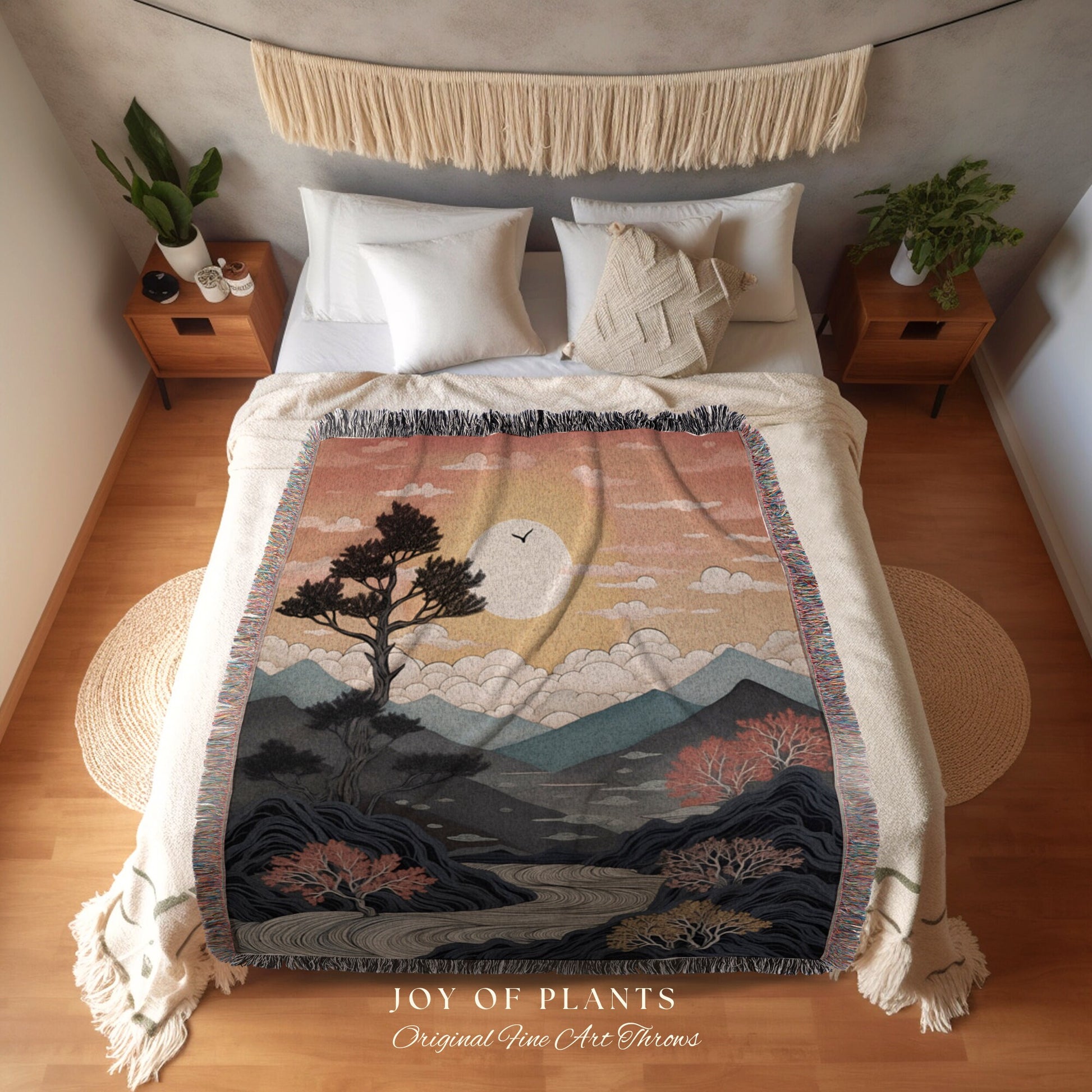 Nature Blanket Japanese Aesthetic Mountain Tapestry Woven Throw | Japanese Nature Tapestry Mystic Landscape Sunset Mountain Tree Blanket