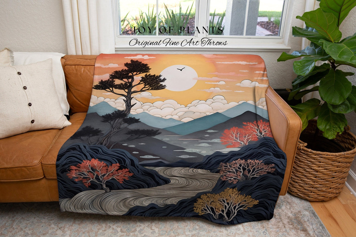 Nature Blanket Japanese Aesthetic Mountain Tapestry Woven Throw | Japanese Nature Tapestry Mystic Landscape Sunset Mountain Tree Blanket