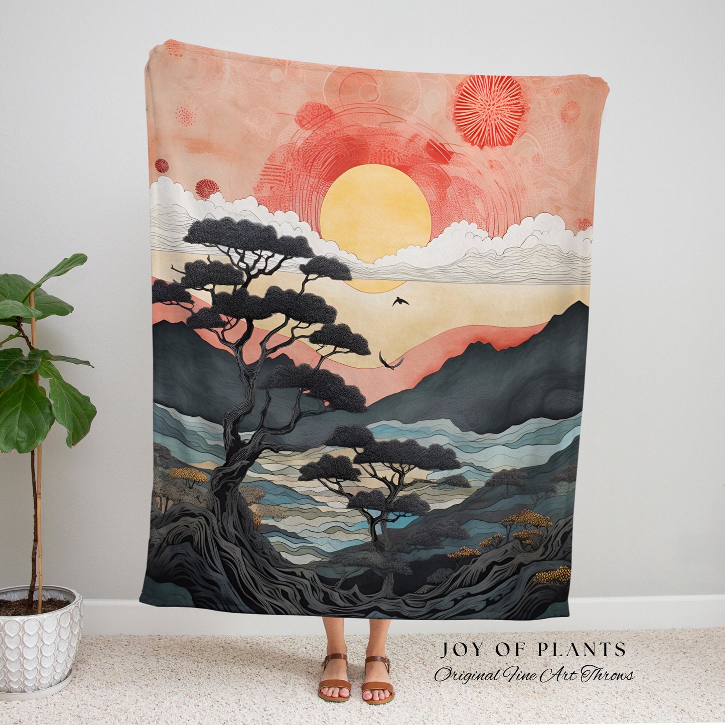 Japanese Aesthetic Landscape Tapestry Woven Throw | Japanese Wall Art Tree Tapestry Sunset Mountain Blanket Woven Nature Inspired Deco