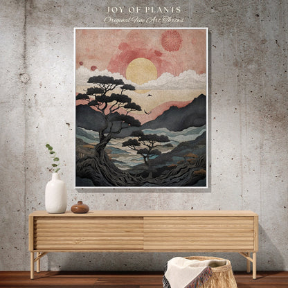 Japanese Aesthetic Landscape Tapestry Woven Throw | Japanese Wall Art Tree Tapestry Sunset Mountain Blanket Woven Nature Inspired Deco