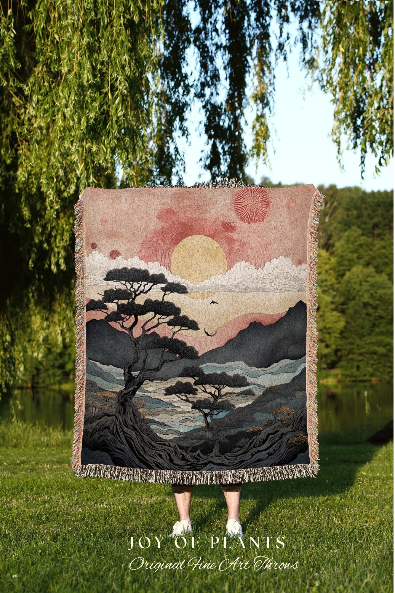 Japanese Aesthetic Landscape Tapestry Woven Throw | Japanese Wall Art Tree Tapestry Sunset Mountain Blanket Woven Nature Inspired Deco