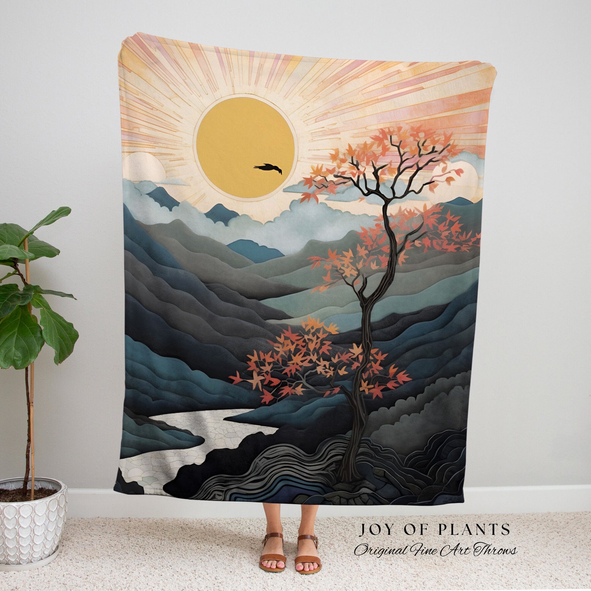 Sunrise Tapestry Japanese Aesthetic Mountain Blanket Woven Throw | Nature Inspired Art Tree Woven Blanket Landscape Tapestry Fairy Grunge