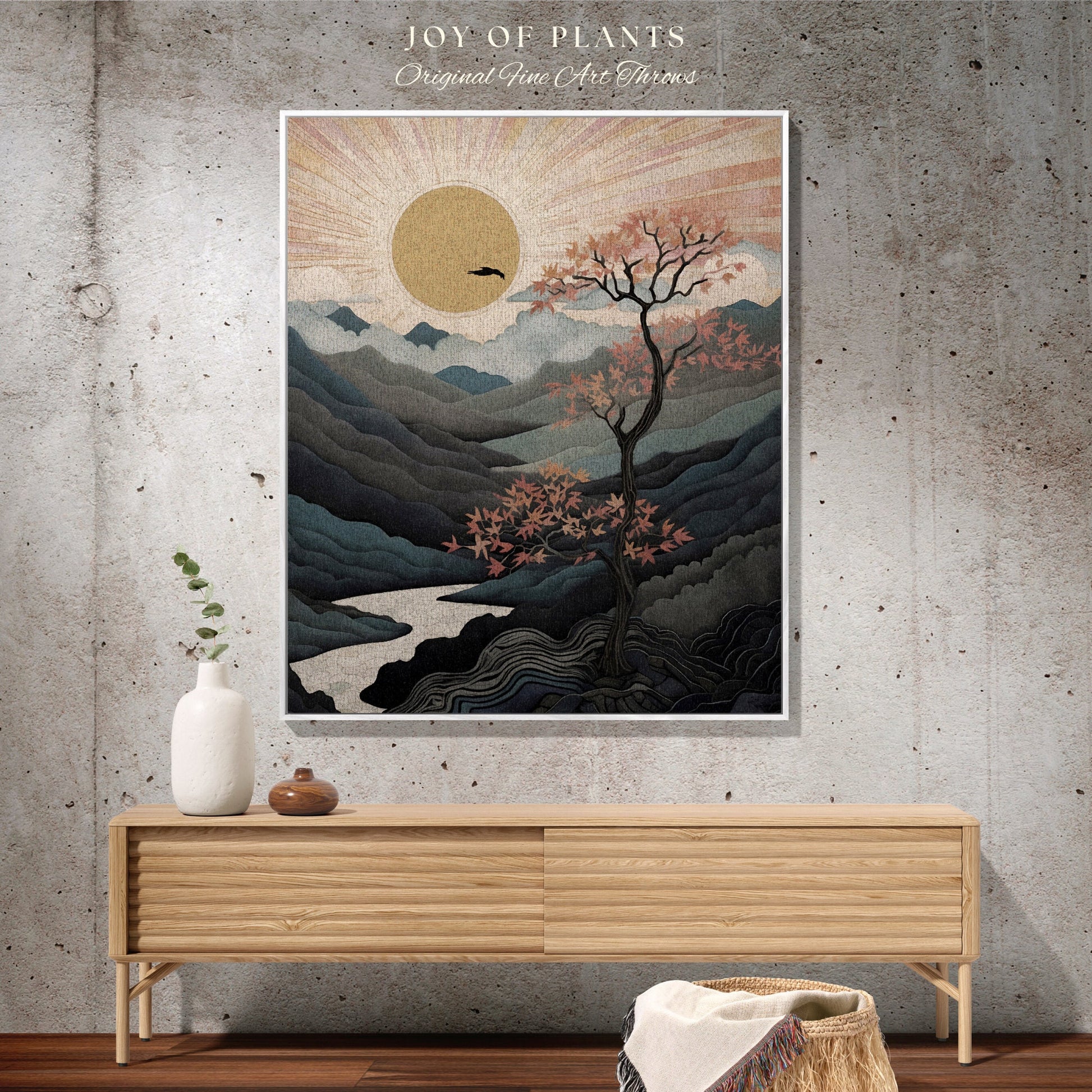 Sunrise Tapestry Japanese Aesthetic Mountain Blanket Woven Throw | Nature Inspired Art Tree Woven Blanket Landscape Tapestry Fairy Grunge