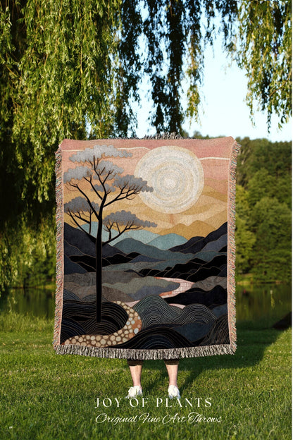 Sunset Mountain Blanket Boho | Mountain Tapestry Rustic Home Decor Housewarming Gift Blanket Mountain Aesthetic Blanket Lakehouse Wall Art