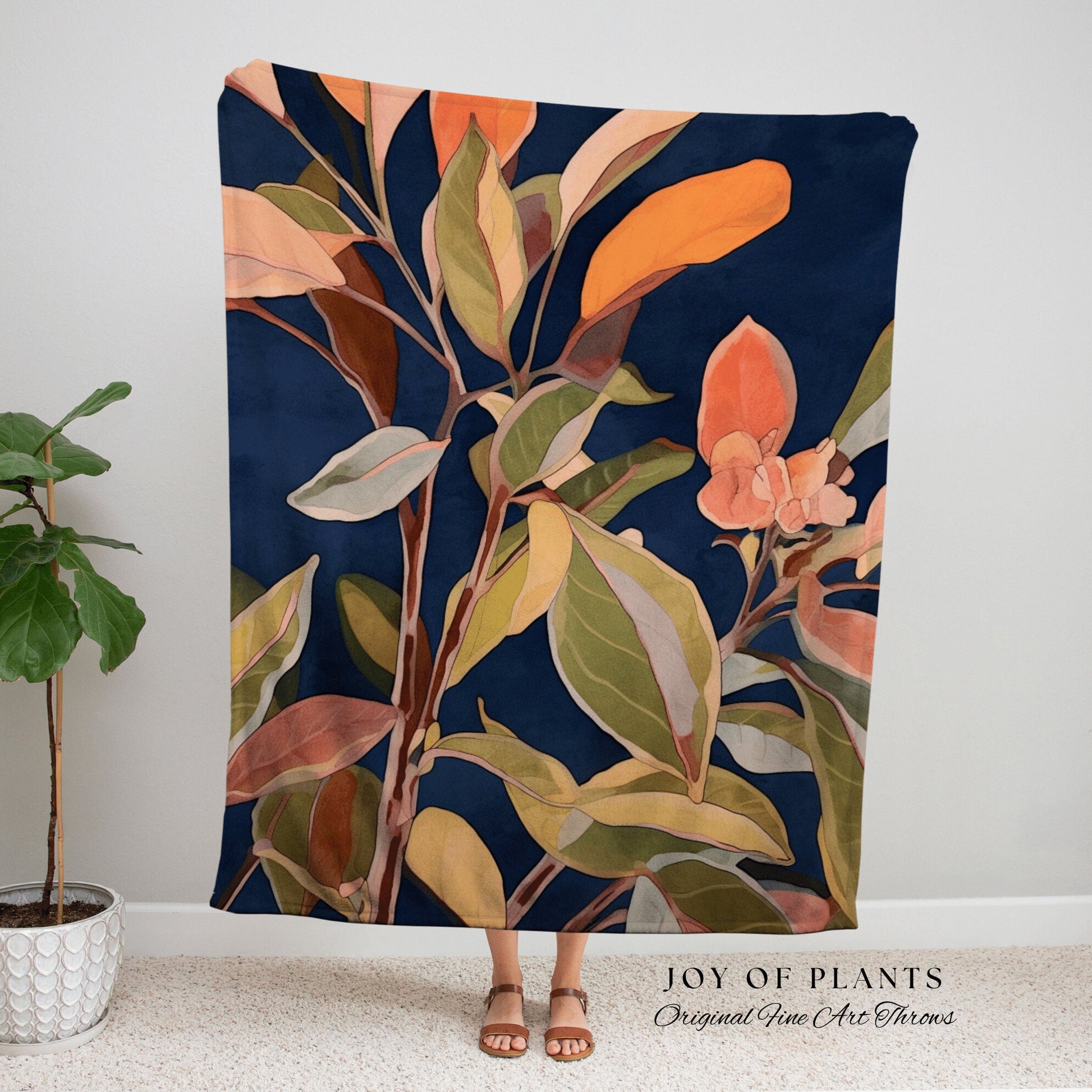 Botanical Throw Blanket Woven | Ficus Houseplant Blanket Tapestry Botanical Minimalist Room Decor Fairycore Floral Plant Lover Vintage Throw