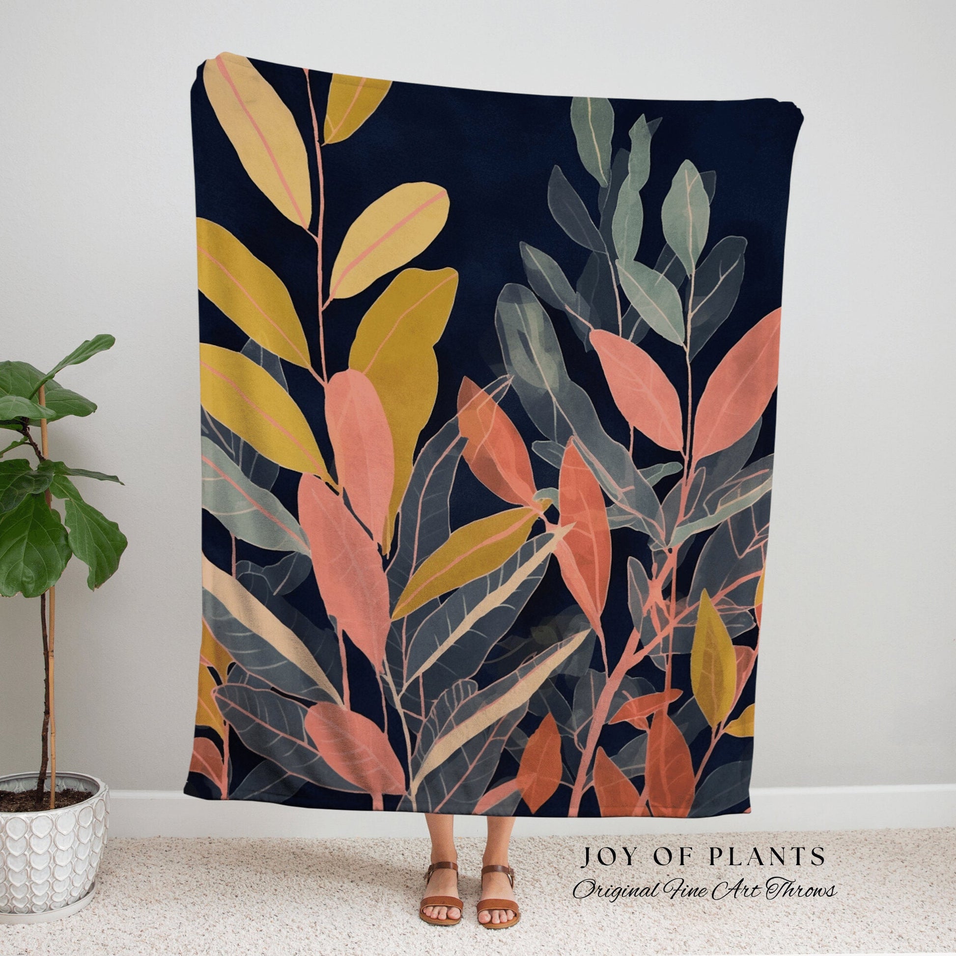 Tropical Leaves Woven Blanket | Ficus Houseplant Blanket Tapestry Botanical Minimalist Room Decor Dark Cottagecore Floral Plant Lover Decor