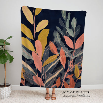 Tropical Leaves Woven Blanket | Ficus Houseplant Blanket Tapestry Botanical Minimalist Room Decor Dark Cottagecore Floral Plant Lover Decor