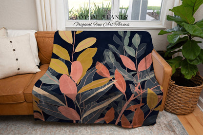 Tropical Leaves Woven Blanket | Ficus Houseplant Blanket Tapestry Botanical Minimalist Room Decor Dark Cottagecore Floral Plant Lover Decor