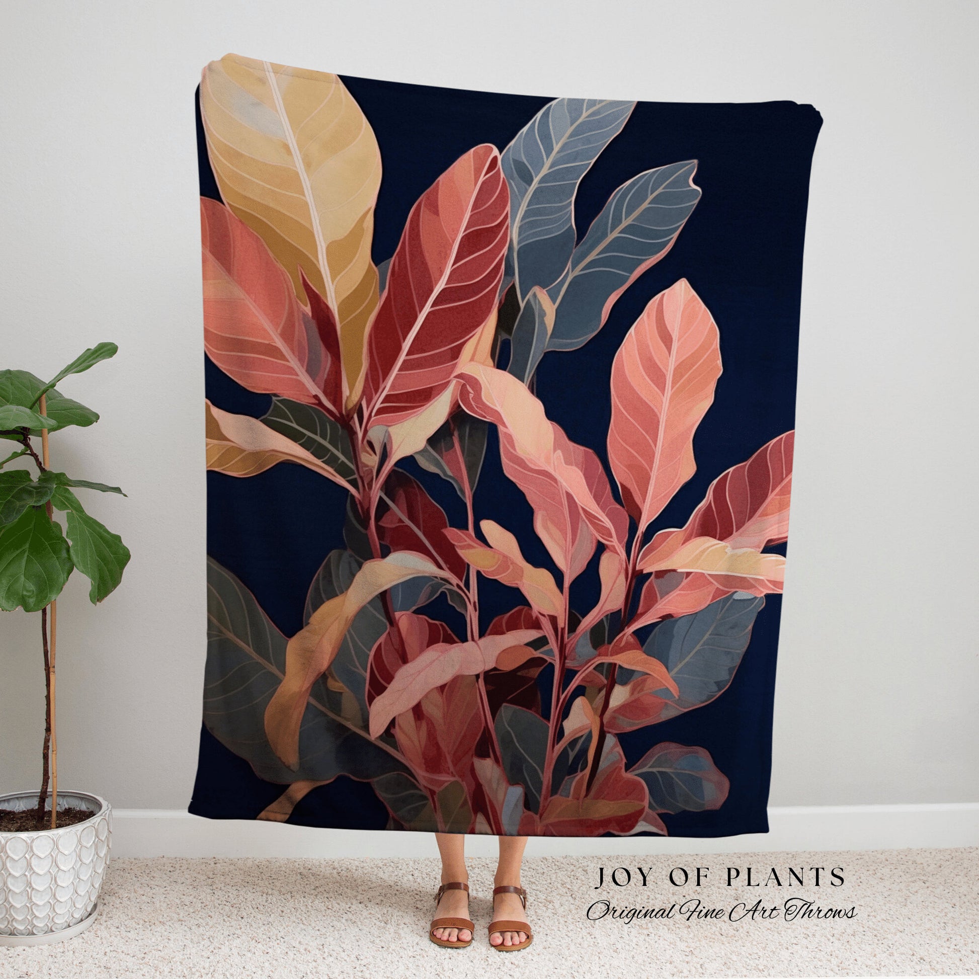 Earth Tones Woven Throw Blanket | Ficus Houseplant Blanket Tapestry Botanical Minimalist Room Decor Fairycore Floral Plant Lover Vintage Art