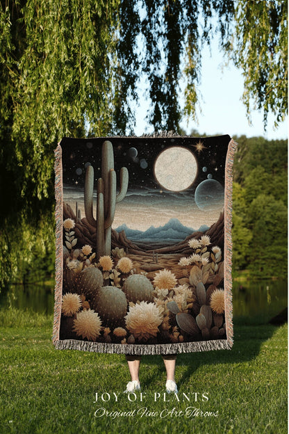 Whimsical Desert Night Blanket | Southwestern Home Decor Housewarming Gift Blanket Cactus Aesthetic Blanket Woven Tapestry Southwestern Art