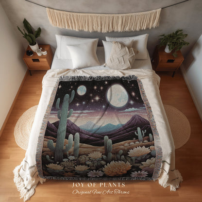 Desert Moon Celestial Blanket | Southwestern Home Decor Housewarming Gift Blanket Cactus Aesthetic Blanket Woven Tapestry Desert Plains Boho