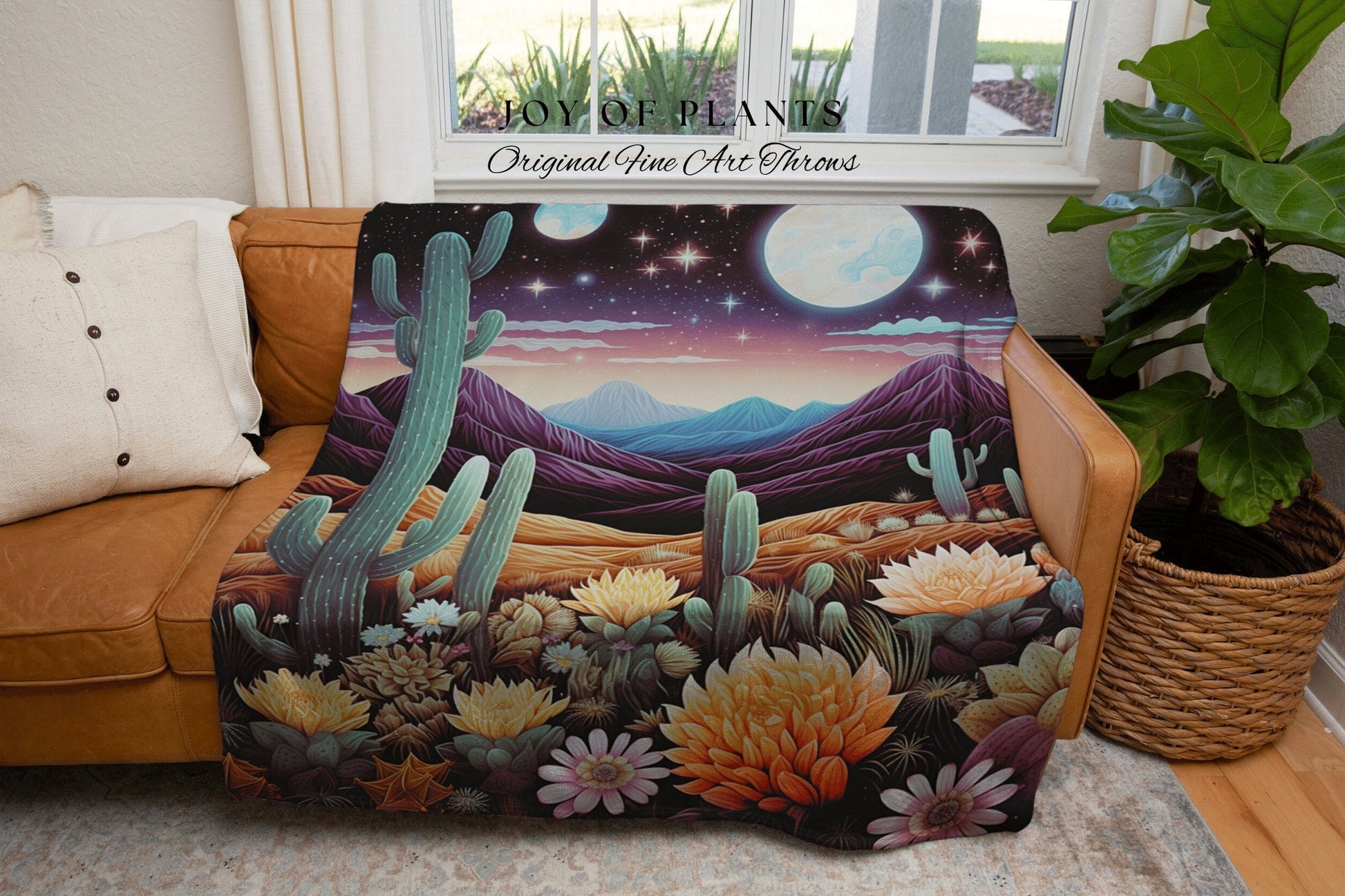 Desert Moon Celestial Blanket | Southwestern Home Decor Housewarming Gift Blanket Cactus Aesthetic Blanket Woven Tapestry Desert Plains Boho