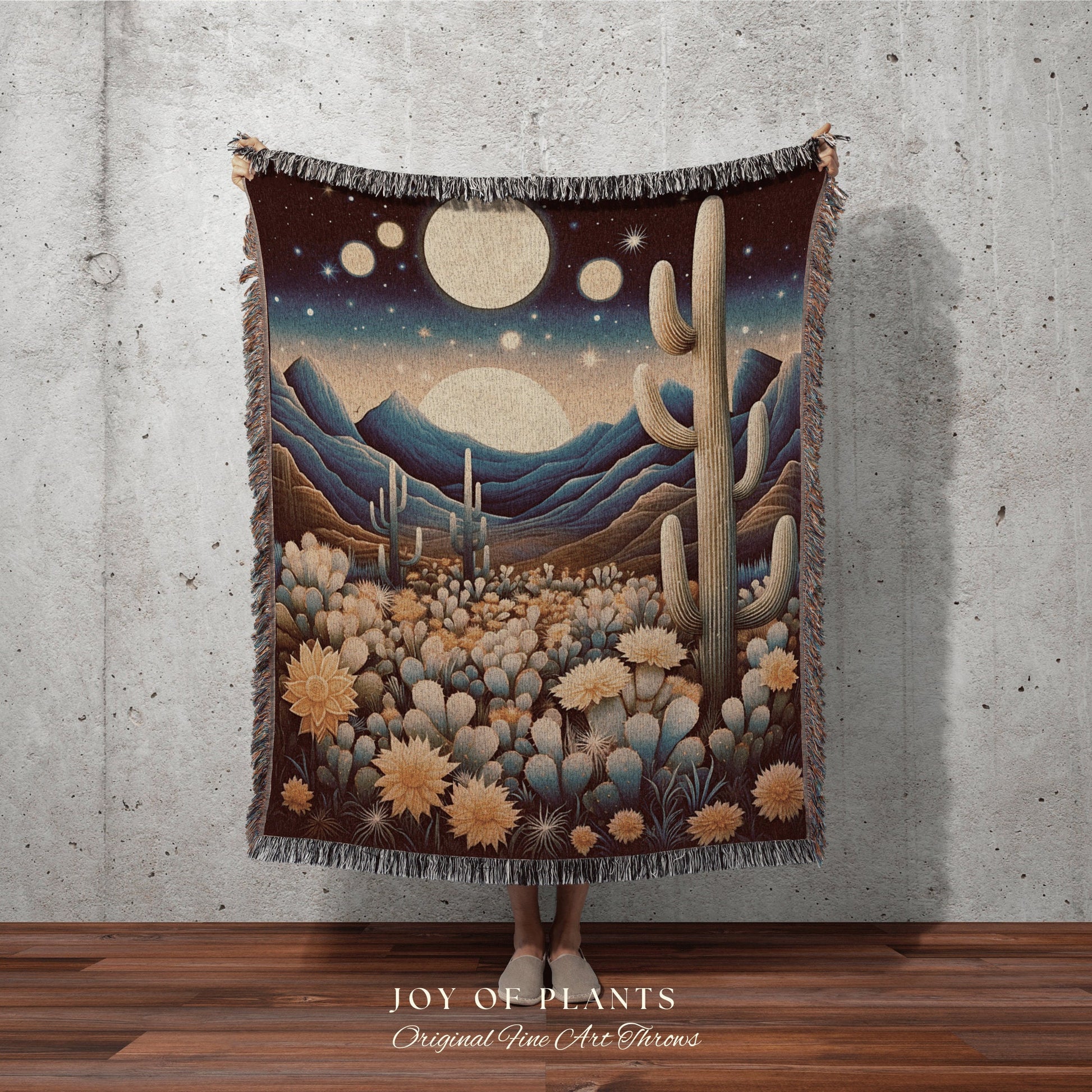 Celestial Desert Moon Blanket | Southwestern Home Decor Housewarming Gift Blanket Cactus Aesthetic Blanket Woven Tapestry Boho Desert Decor