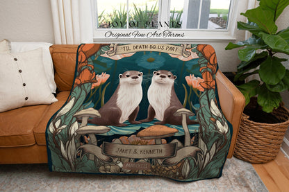 Cute Otter Couple Blanket Woven | Personalized Anniversary Gift Custom Name Tapestry Otter Blanket Cottagecore Wedding Gift For Anniversary