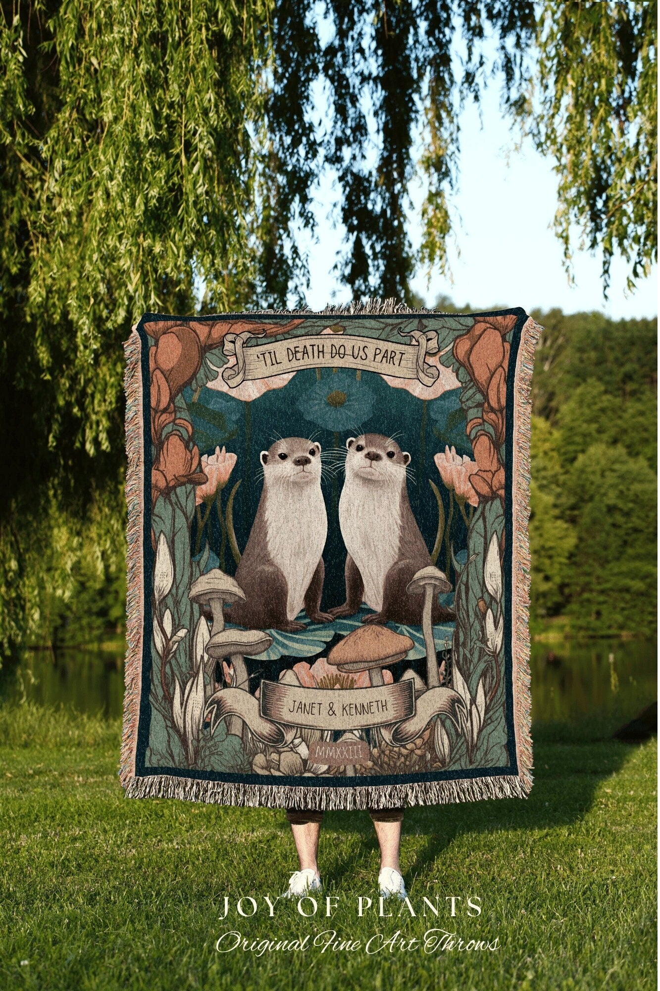 Cute Otter Couple Blanket Woven | Personalized Anniversary Gift Custom Name Tapestry Otter Blanket Cottagecore Wedding Gift For Anniversary