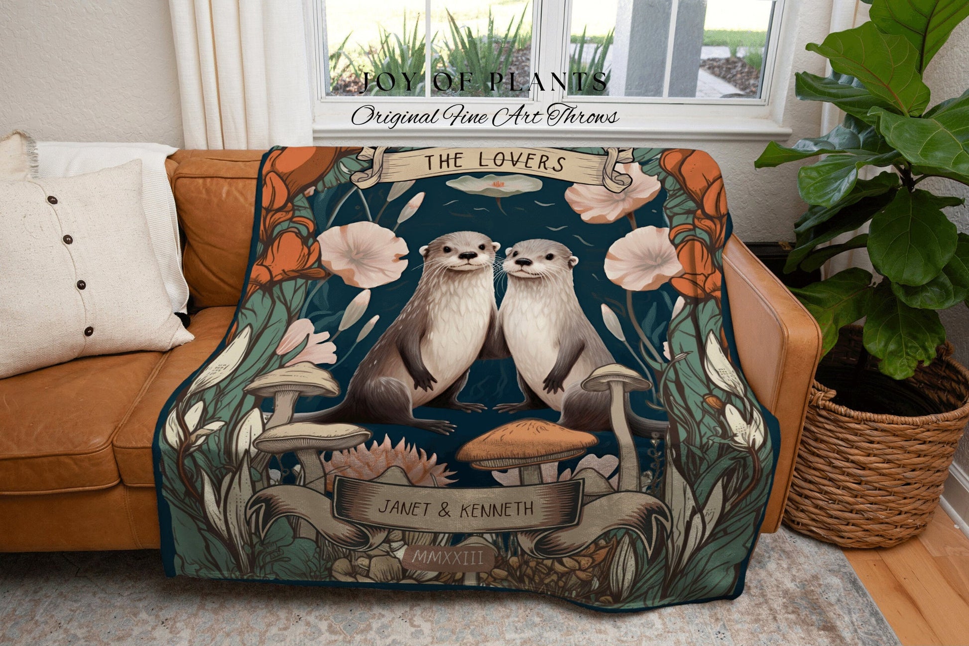 Otter Lovers Custom Throw Blanket | Personalized Anniversary Gift Custom Name Tapestry Otter Couple Blanket Woodland Cottagecore Wedding |