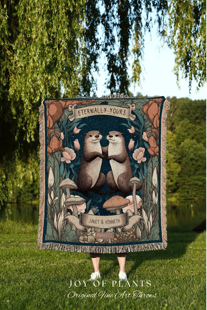 Otter Couple Custom Throw Blanket | Personalized Anniversary Custom Name Tapestry Significant Otter Blanket Woodland Cottagecore Wedding |