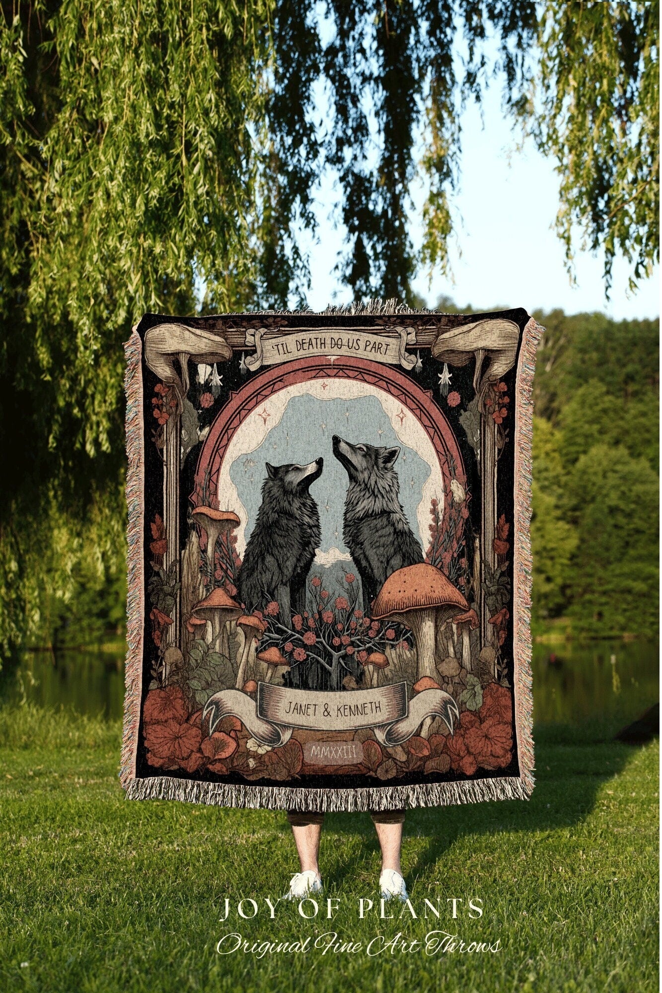 South West Wolf Blanket Custom | Personalized Anniversary Gift Custom Tapestry Wolf Blanket Woodland Wedding Cottagecore Unique Couple Gift