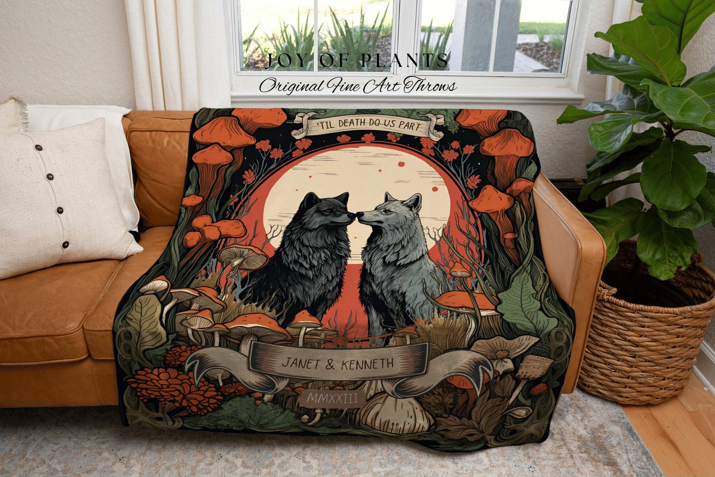 Woodland Wolf Couple Blanket | Outdoorsy Couple Anniversary Gift Custom Wolf Blanket Cottagecore Wedding Unique Couple Gifts Custom Names |