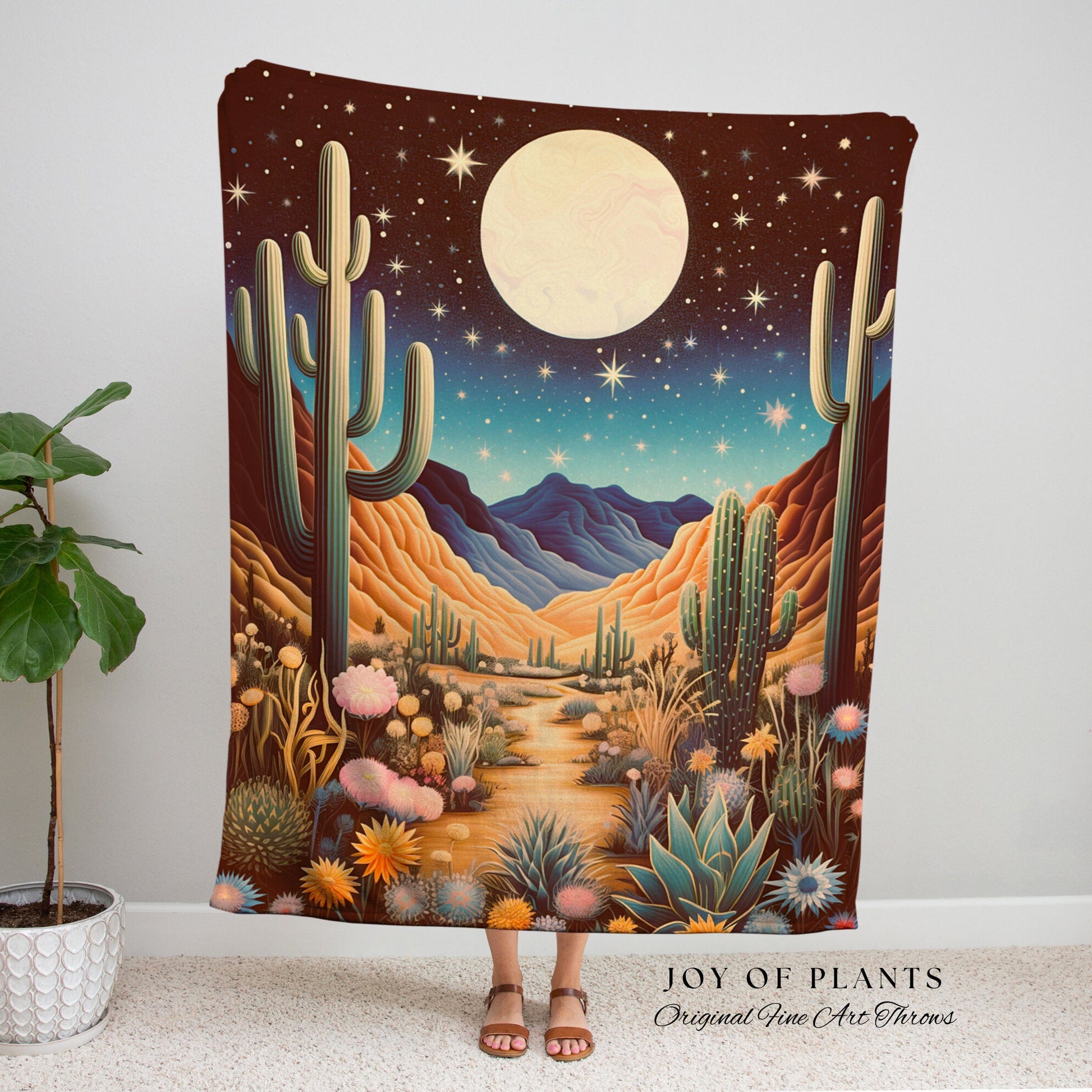 Full Moon Southwest Landscape Blanket | Southwestern Decor Housewarming Gift Blanket Cactus Aesthetic Blanket Woven Tapestry Boho Desert Art