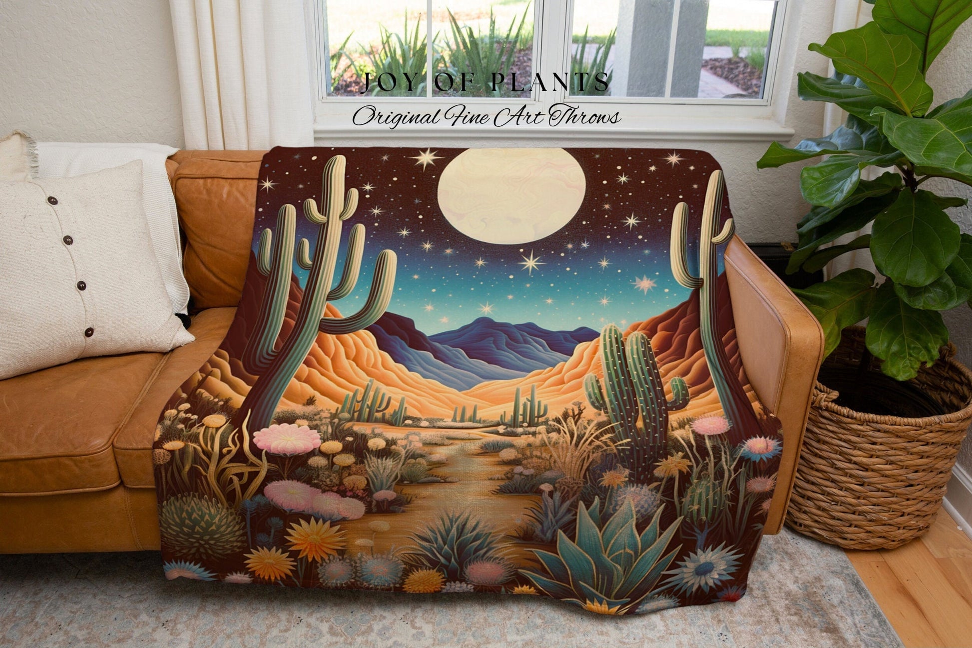 Full Moon Southwest Landscape Blanket | Southwestern Decor Housewarming Gift Blanket Cactus Aesthetic Blanket Woven Tapestry Boho Desert Art