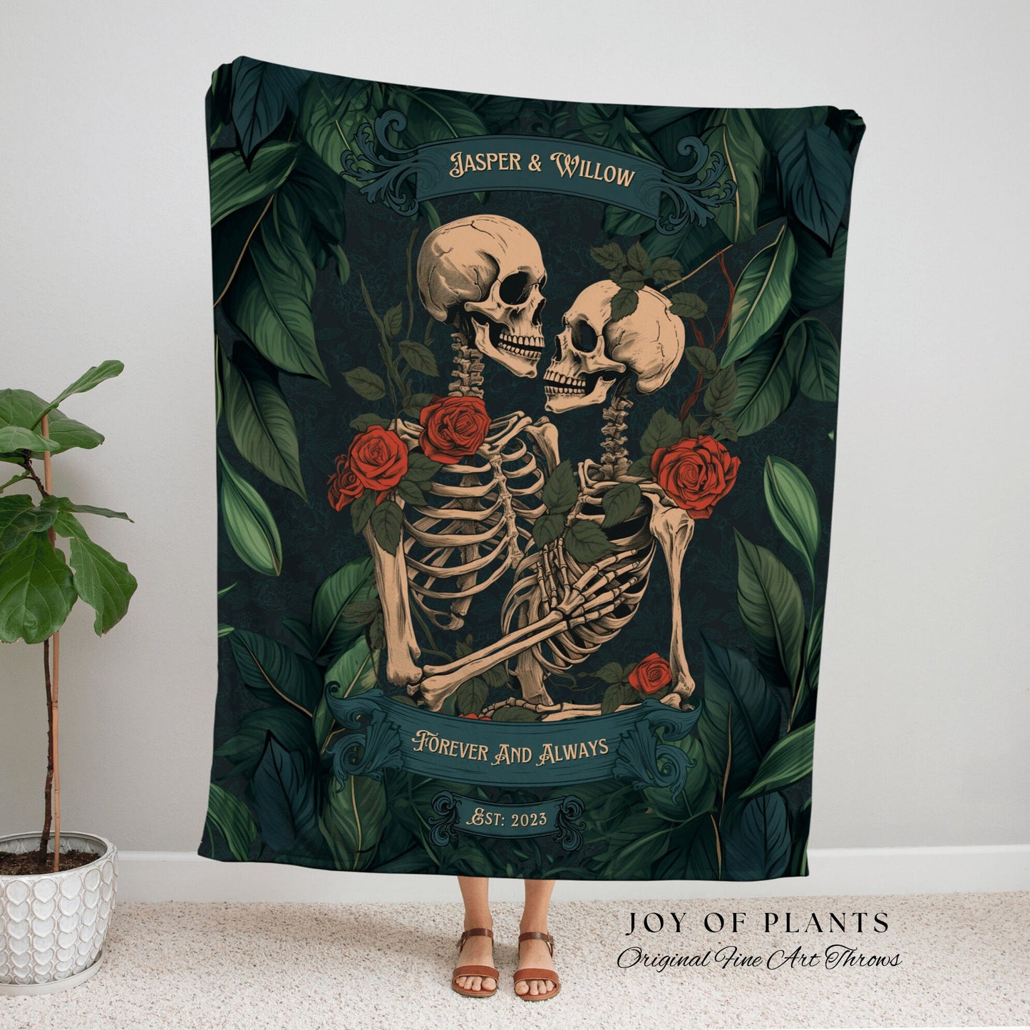 Botanical Skeleton Couple Blanket | Gothic Wedding Custom Blanket Woven Tapestry Spooky Wedding Gift Personalized Anniversary Gift for Goths