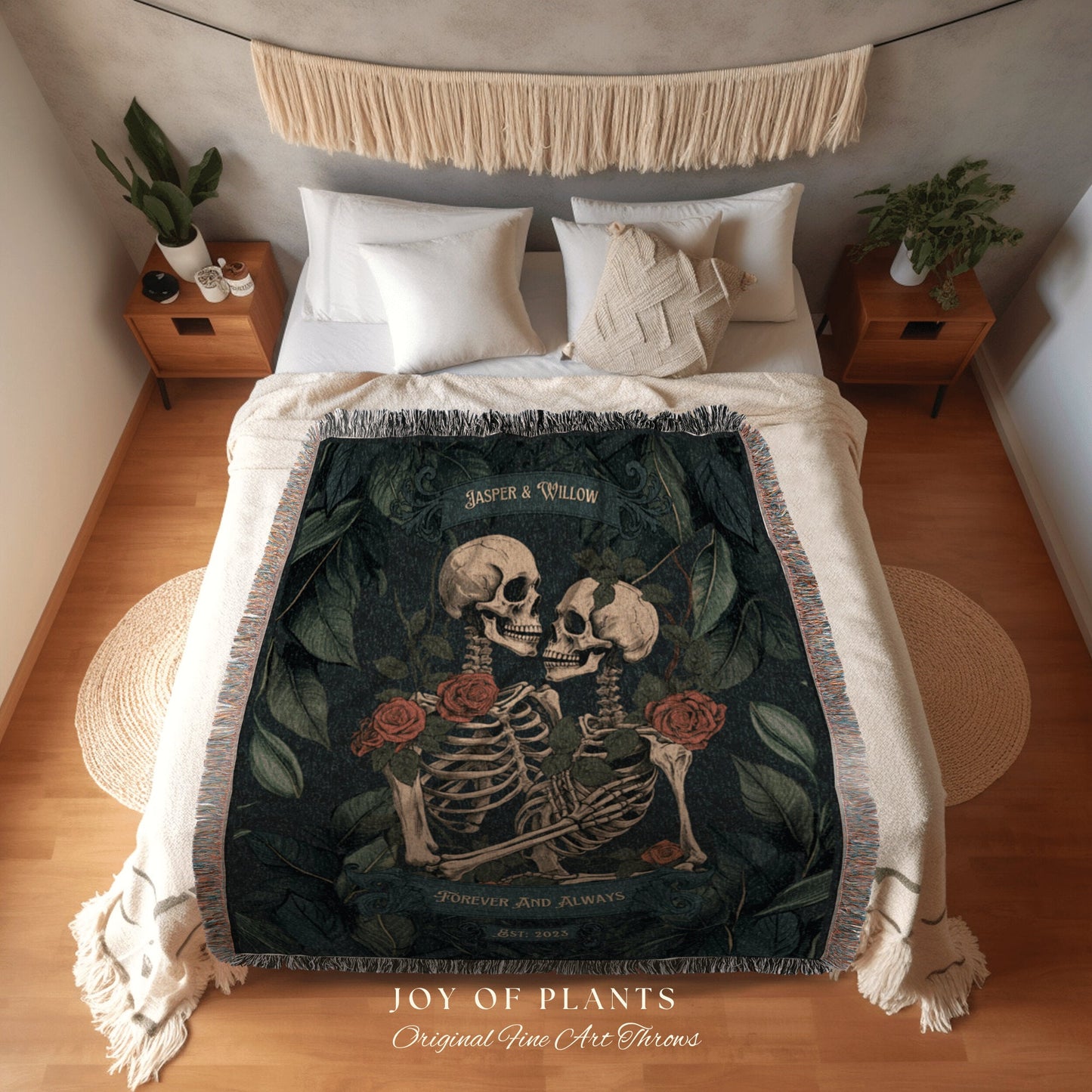 Botanical Skeleton Couple Blanket | Gothic Wedding Custom Blanket Woven Tapestry Spooky Wedding Gift Personalized Anniversary Gift for Goths