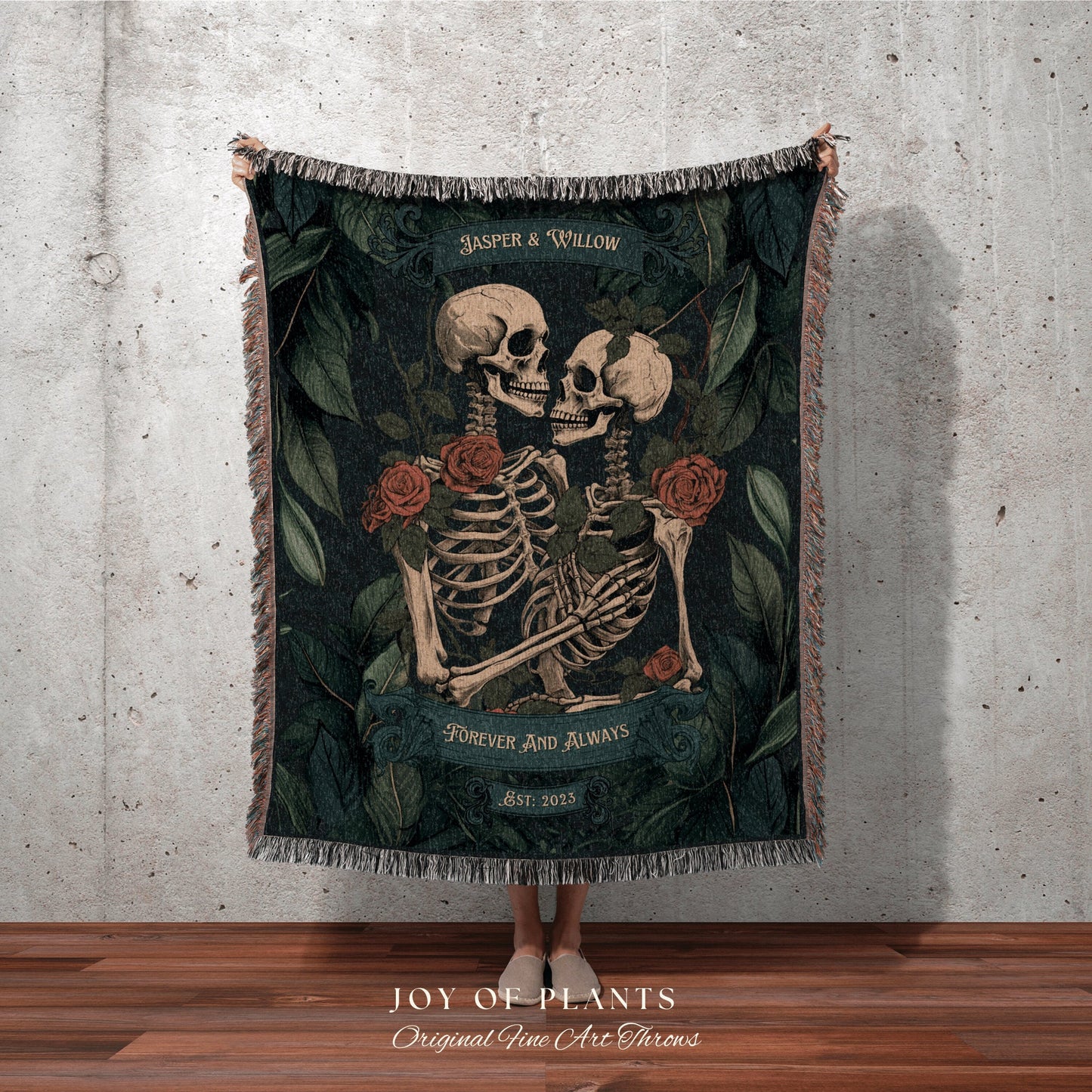 Botanical Skeleton Couple Blanket | Gothic Wedding Custom Blanket Woven Tapestry Spooky Wedding Gift Personalized Anniversary Gift for Goths