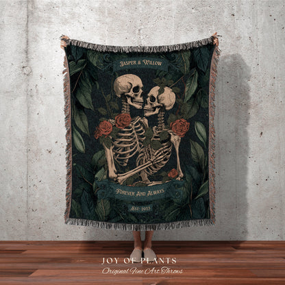 Botanical Skeleton Couple Blanket | Gothic Wedding Custom Blanket Woven Tapestry Spooky Wedding Gift Personalized Anniversary Gift for Goths