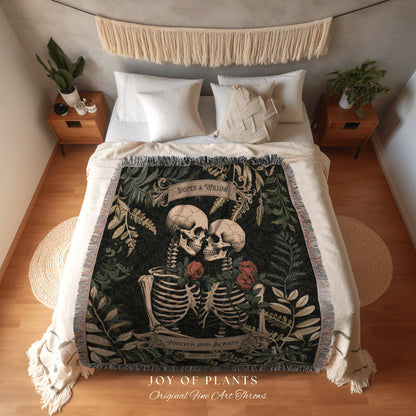 Skeleton Lovers Personalized Blanket | Gothic Wedding Custom Blanket Woven Tapestry Spooky Wedding Personalized Anniversary Gift for Goths |