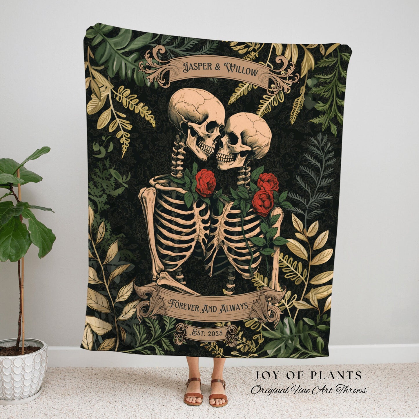 Skeleton Lovers Personalized Blanket | Gothic Wedding Custom Blanket Woven Tapestry Spooky Wedding Personalized Anniversary Gift for Goths |