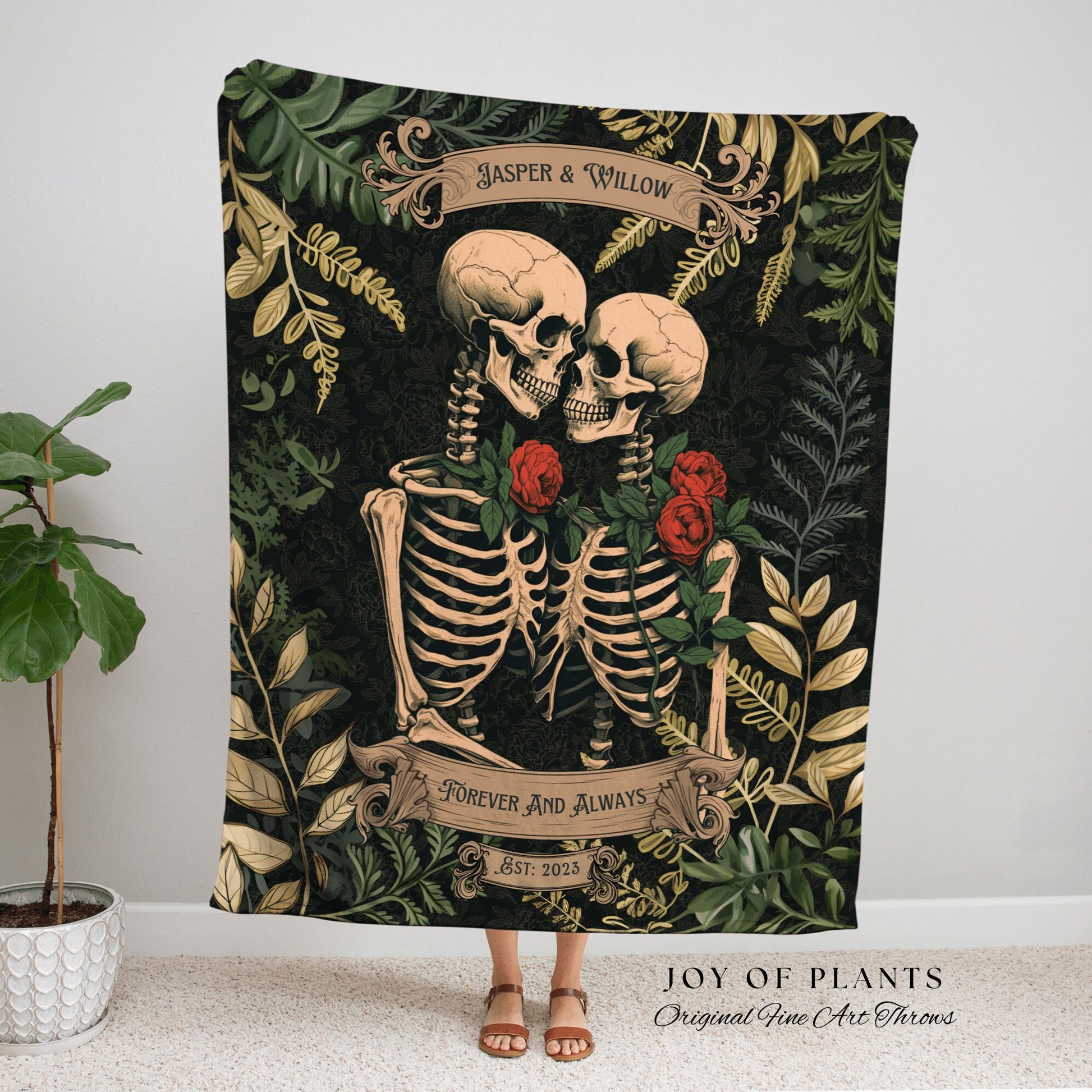 Skeleton Lovers Personalized Blanket | Gothic Wedding Custom Blanket Woven Tapestry Spooky Wedding Personalized Anniversary Gift for Goths |