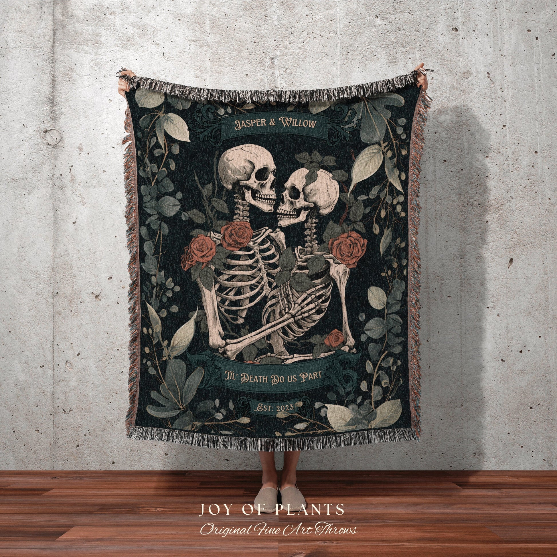 Skeleton Lovers Botanical Blanket | Gothic Wedding Custom Blanket Woven Tapestry Spooky Wedding Personalized Anniversary Gift for Goths |