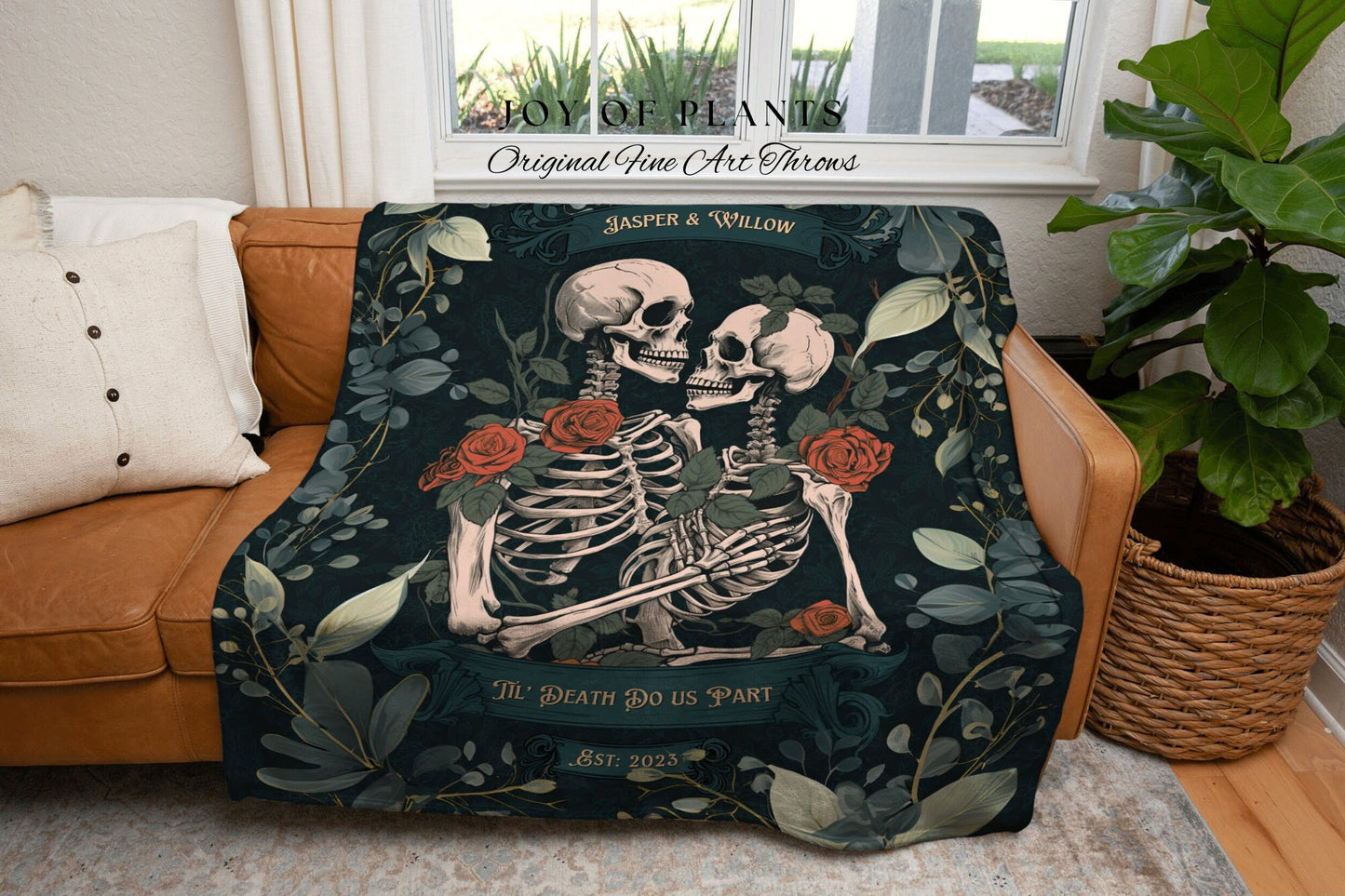 Skeleton Lovers Botanical Blanket | Gothic Wedding Custom Blanket Woven Tapestry Spooky Wedding Personalized Anniversary Gift for Goths |