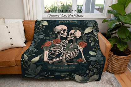 Skeleton Lovers Botanical Blanket | Gothic Wedding Custom Blanket Woven Tapestry Spooky Wedding Personalized Anniversary Gift for Goths |