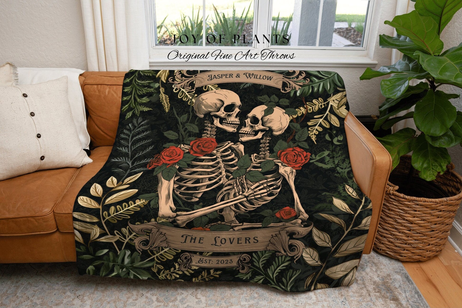 Vintage Botanical Skeleton Blanket | Wedding Anniversary Blanket Woven Tapestry Skeleton Couple Gift Personalized Anniversary Gift for Goths