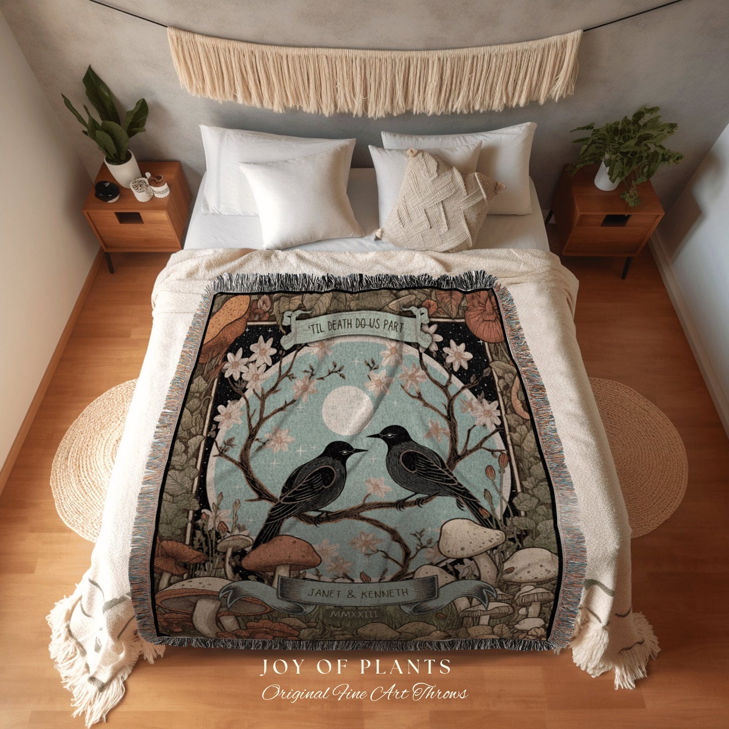 Boho Floral Couples Blanket | Anniversary Gift Custom Tapestry Crow Core Blanket Woodland Wedding Crowcore Decor Unique Couple Blanket Goth