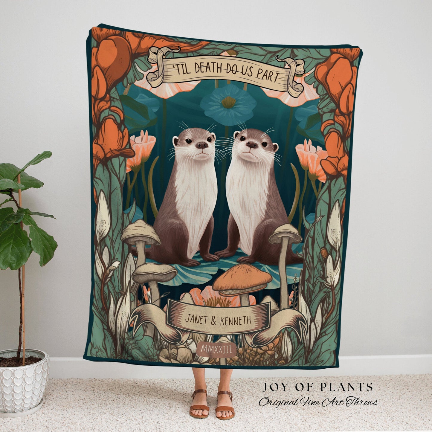 Cute Otter Couple Blanket Woven | Personalized Anniversary Gift Custom Name Tapestry Otter Blanket Cottagecore Wedding Gift For Anniversary