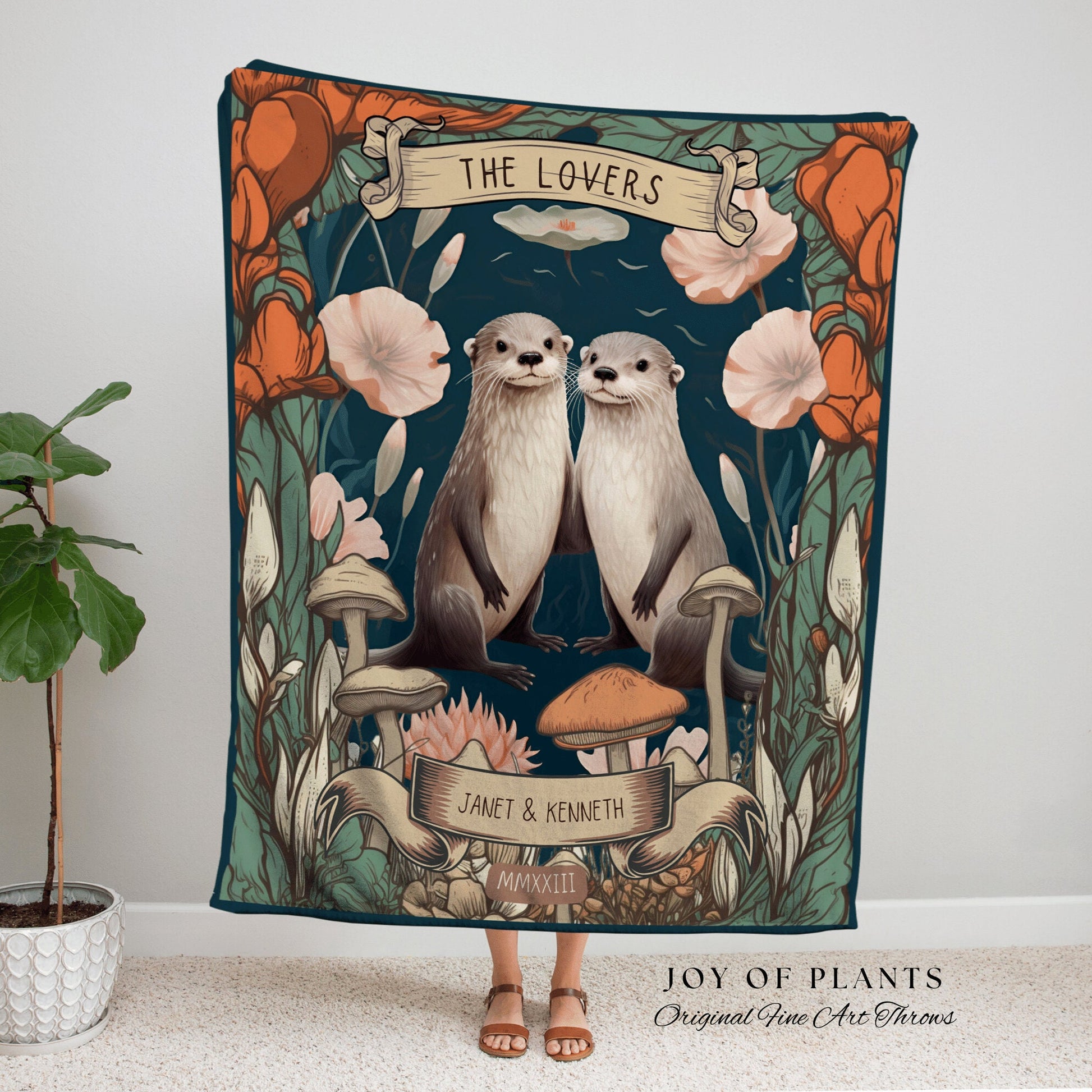 Otter Lovers Custom Throw Blanket | Personalized Anniversary Gift Custom Name Tapestry Otter Couple Blanket Woodland Cottagecore Wedding |