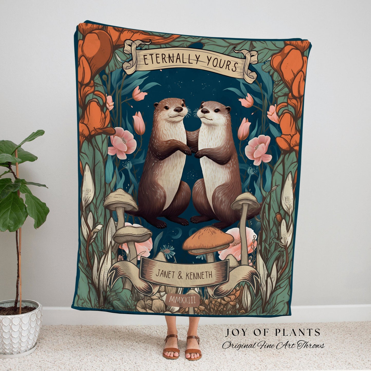 Otter Couple Custom Throw Blanket | Personalized Anniversary Custom Name Tapestry Significant Otter Blanket Woodland Cottagecore Wedding |