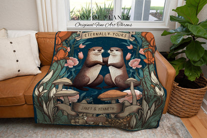 Otter Couple Custom Throw Blanket | Personalized Anniversary Custom Name Tapestry Significant Otter Blanket Woodland Cottagecore Wedding |