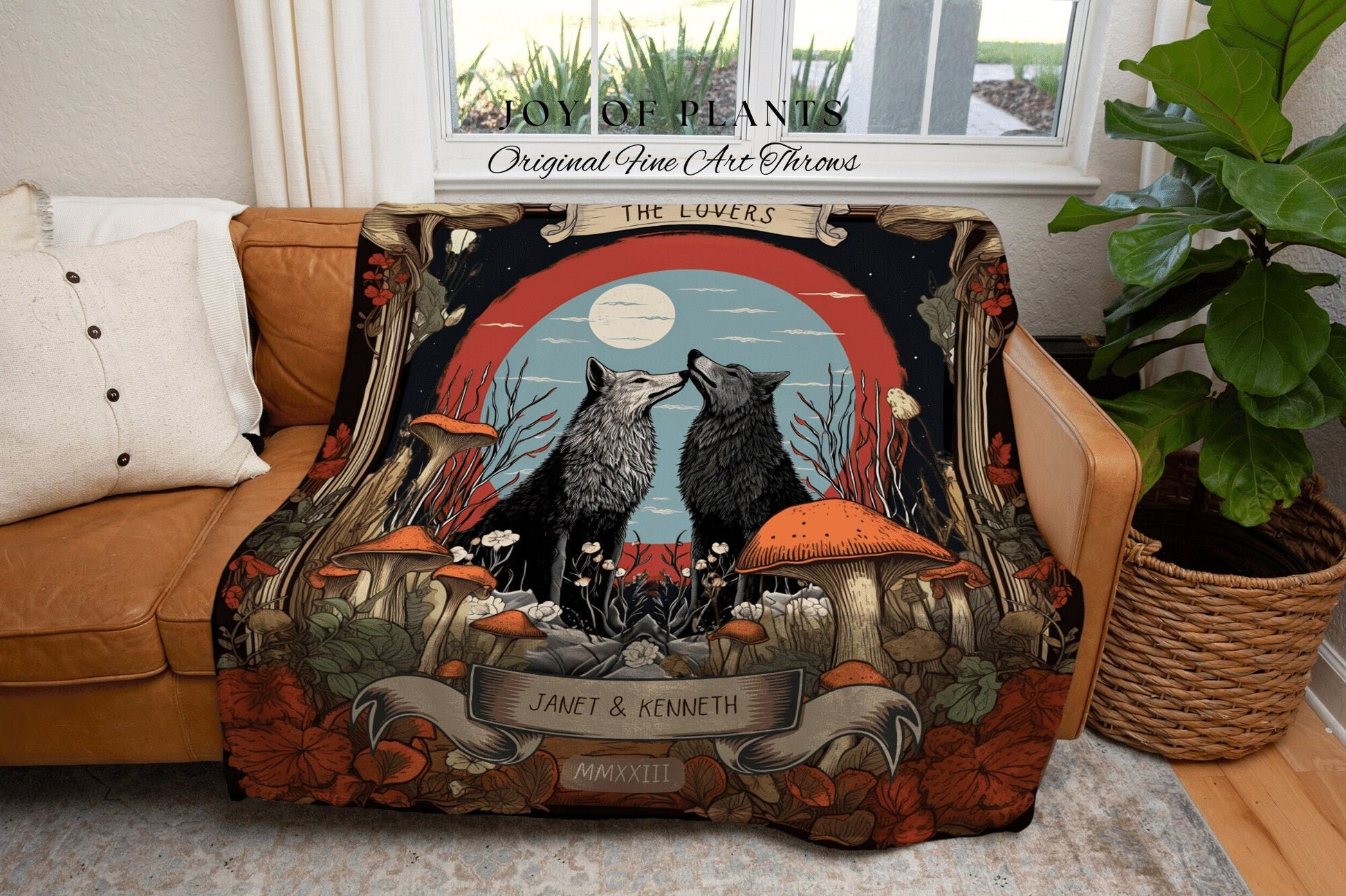 Vintage Wolf Couple Blanket | Outdoorsy Couple Anniversary Gift Custom Wolf Blanket Cottagecore Wedding Unique Couple Gifts Custom Names |