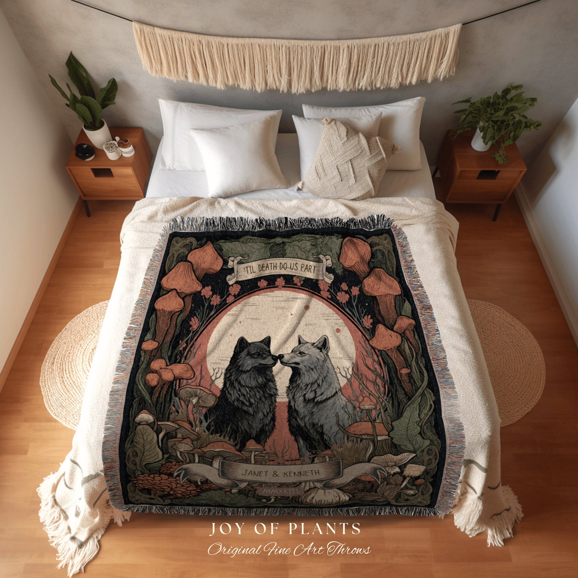 Woodland Wolf Couple Blanket | Outdoorsy Couple Anniversary Gift Custom Wolf Blanket Cottagecore Wedding Unique Couple Gifts Custom Names |