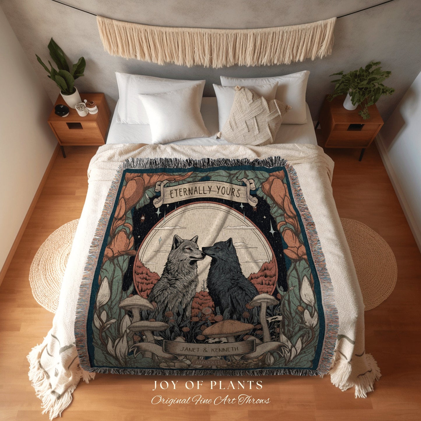 Wolf Couple Anniversary Blanket | Personalized Anniversary Gift Custom Tapestry Wolf Blanket Woodland Wedding Cottagecore Unique Couple Gift